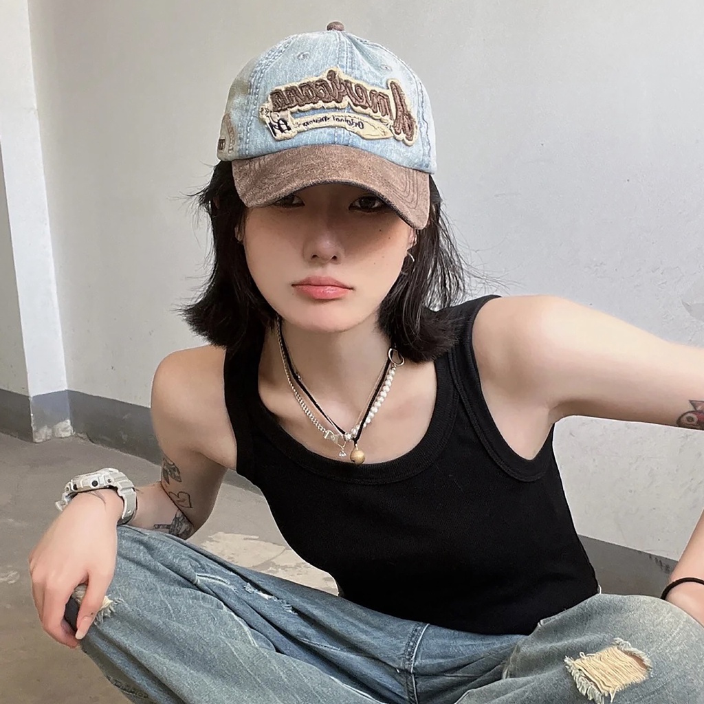 Topi baseball Bahan denim washed Gaya Jepang