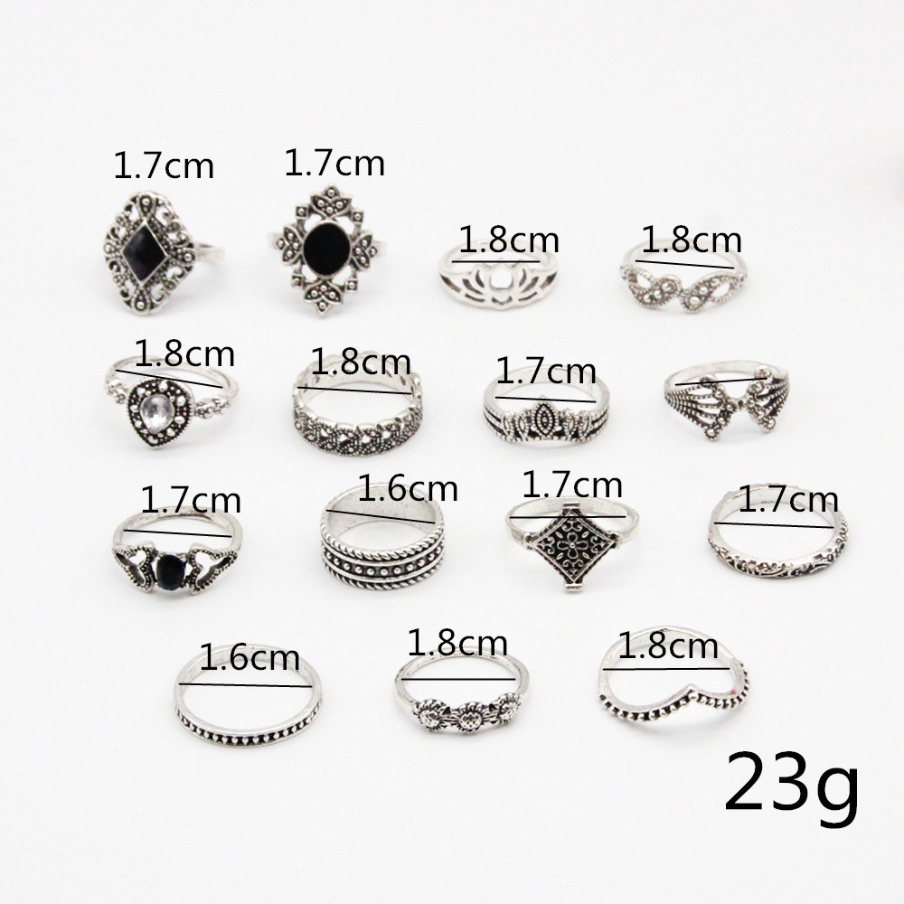 15pcs / Set Cincin Enamel Desain Bunga Matahari Teratai Tetesan Air Warna Hitam Gaya Retro Untuk Wanita