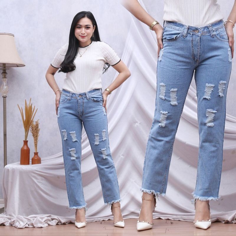 Boyfriend Jeans Ripped Sobek Wanita/Boyfriend Sobek Rawis/BF Sobek Jeans/Boyfriend Rawis