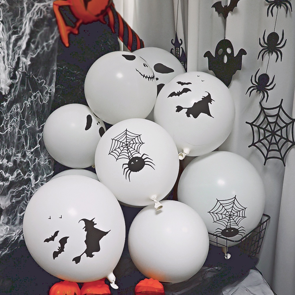 10pcs Balon Latex Motif Hantu Laba-Laba Kelelawar Tengkorak Warna Hitam Putih Ukuran 12 Inci Untuk Dekorasi Pesta Halloween