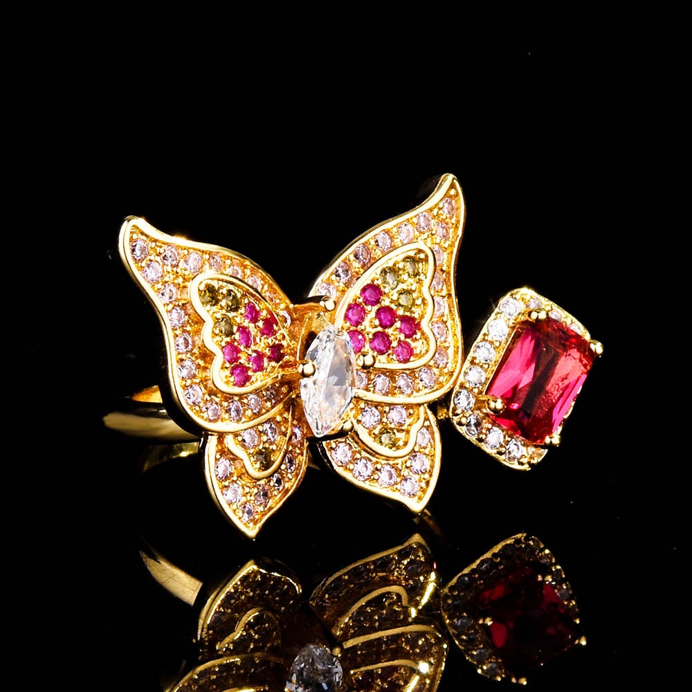 Cincin Lapis Emas Emas Asli Kadar 375Desain Kupu-Kupu Hias Rubi Berlian Untuk Wanita Butterfly