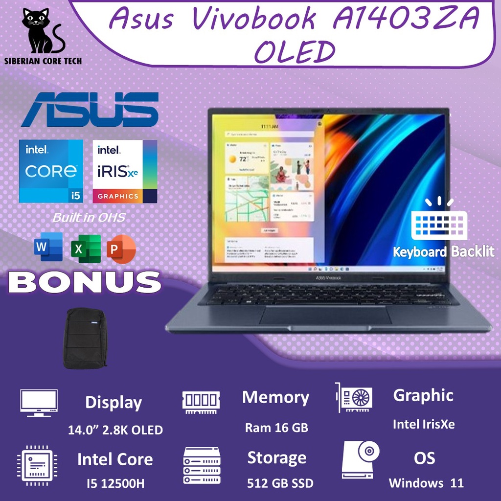 ASUS VIVOBOOK A1403ZA OLEDS551 I5 12500H 16GB 512SSD IRISXE W11+OHS 14.0 2.8K OLED BLU