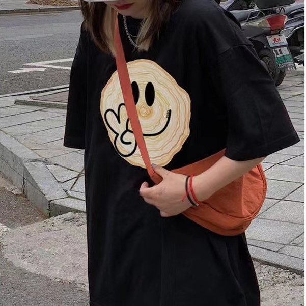 XIAOZHAINV Kaos Atasan Wanita Smiley Face Pattern Pattern Lengan Pendek A0188