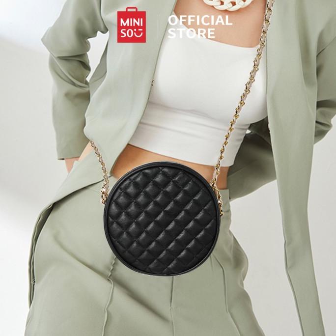 MINISO Tas Selempang Bulat Pola Kisi Berlian tas rantai Tas Messenger