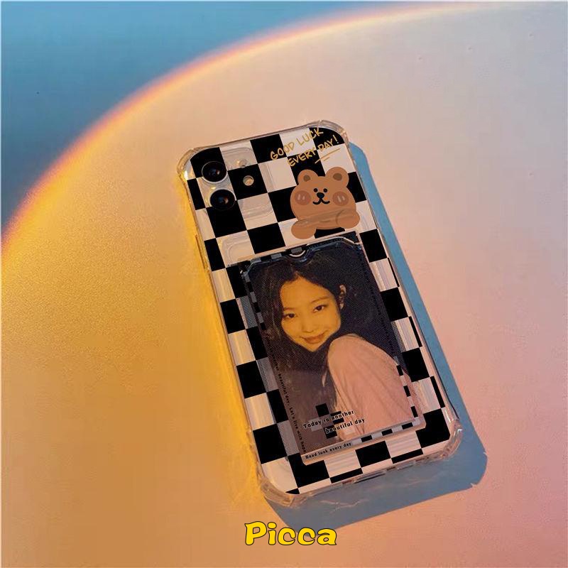 Tempat Kartu Slot Dompet Kotak-Kotak Sederhana Case Transparan Realme C25Y C30 10 Pro C21Y C11 2021 C25s 9i 5i C20 C20A C12 C11 2020 5s 5 C3 C25 Tempat Tas Kartu Beruang Kartun Soft Cover