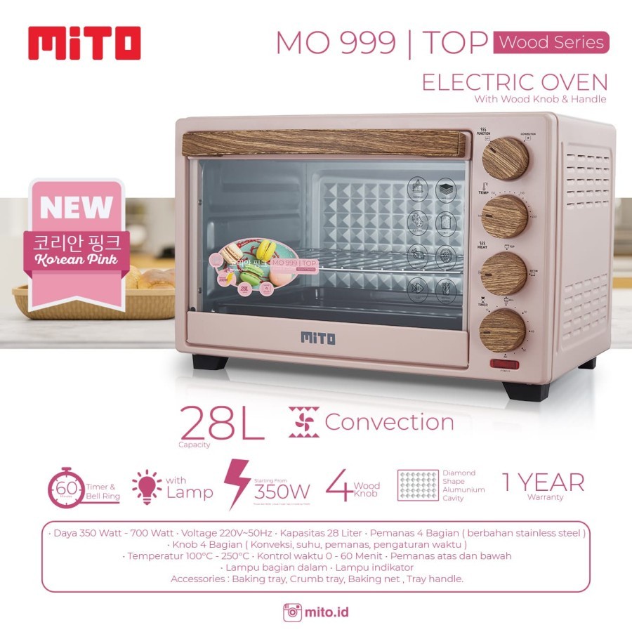 MITO Electric Oven MO999 TOP WOOD SERIES 28L - Pink &amp; Putih MO 999 Wood Series