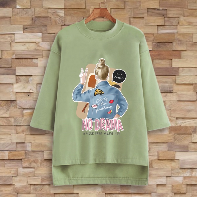 PUFFY_ID kaos oversize tunik NO DRAMA wanita tshirt big size cewek premium