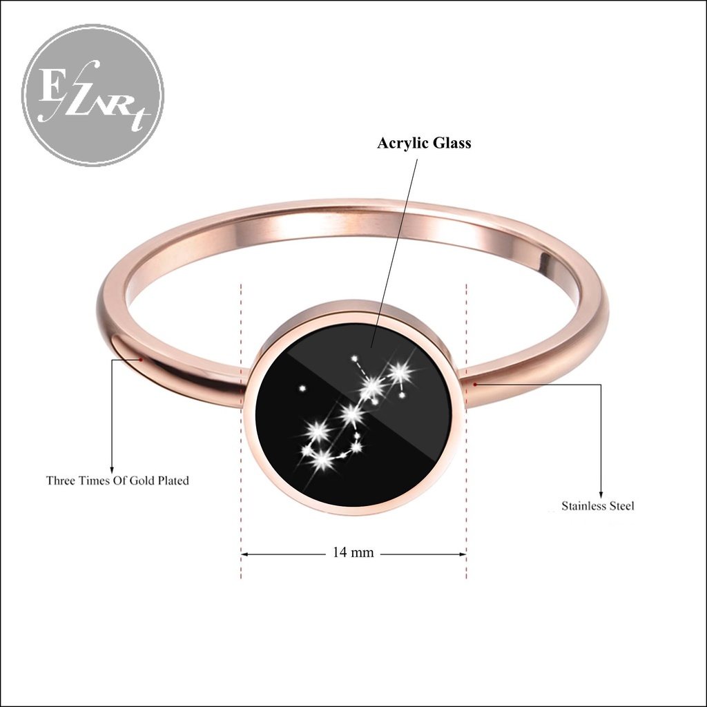 CINCIN KONSTELASI RASI BINTANG ZODIAK ROSE GOLD BULAT HITAM WANITA SIMPLE TITANIUM STEEL