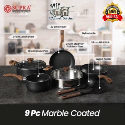 Panci Supra 9 Black Marble Set Alumunium Anti Lengket Renatta Moeloek Signature 9 Pcs Marble Coated