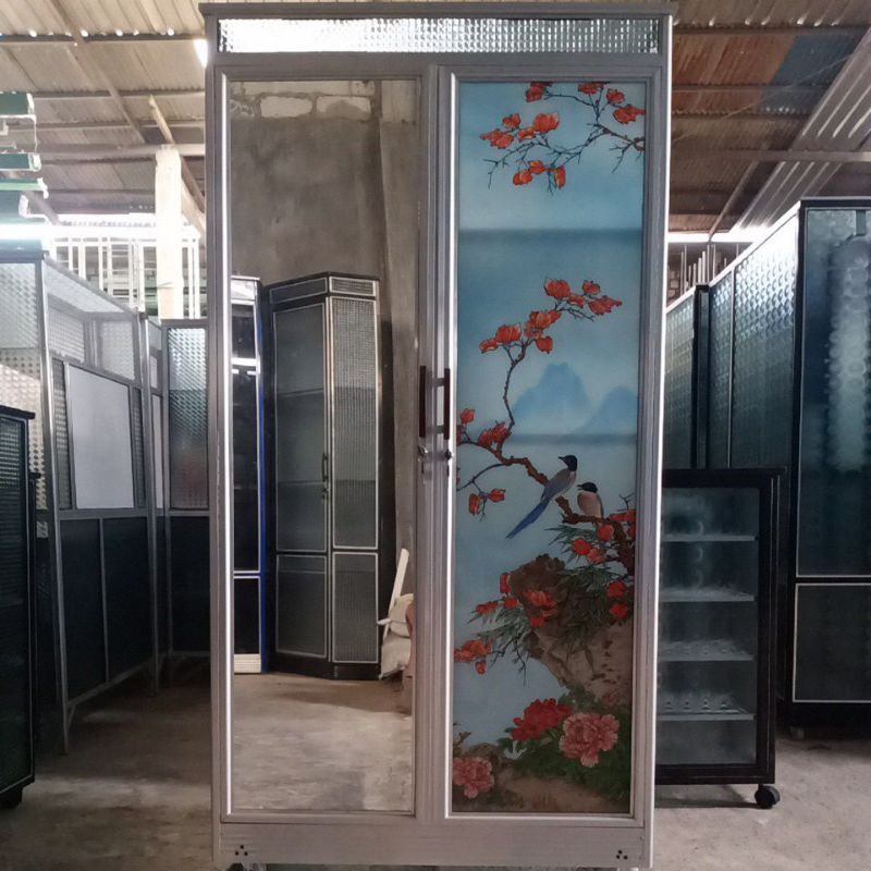 ALMARI KACA PRINTING PINTU 2 RANGKA PUTIH LEMARI PAKAIAN ALMINI ALUMINIUM TERBARU ELEGANT RAK BAJU B