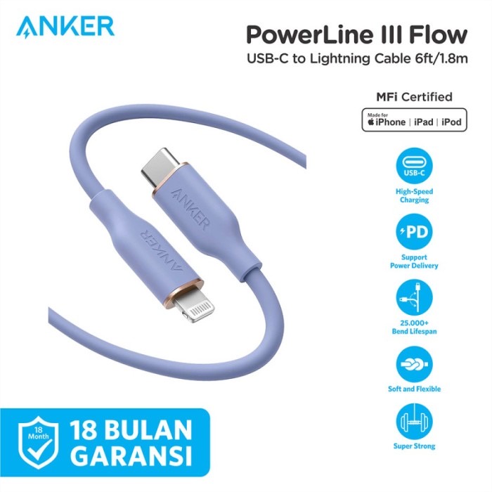 Anker Cable Charger PowerLine III Flow Type C to Lightning 6ft (1.8m) - SKU : A8663 - Garansi Resmi 18 Bulan