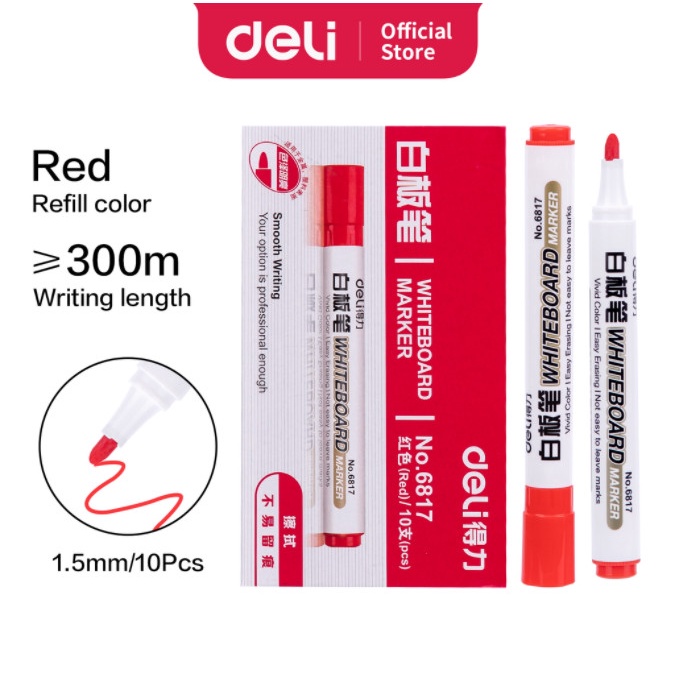 

Deli Whiteboard Marker/Spidol Papan Tulis 10 pcs Hitam/Biru/Merah 6817 - Merah