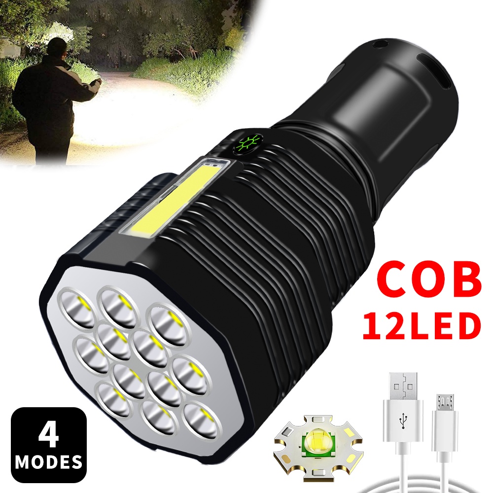 Flash Light Camping COB Durable Outdoors Waterproof High Power Travel USB Adjustable Multi-Mode 12 LED Flashlight Side Lamp Design Chargeable Round Emergency Light Bright