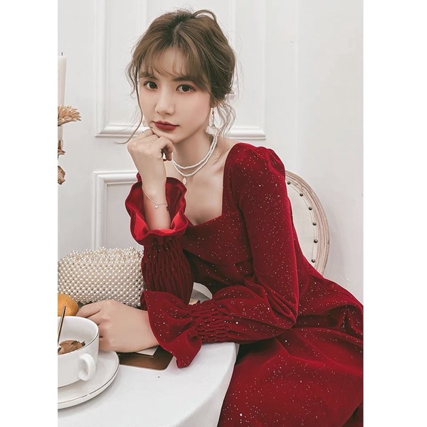 Long Dress Red Velvet Blink Square Neck M222