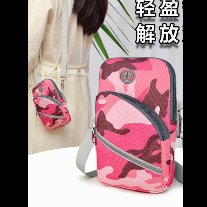 dompet hp wanita TAS SELEMPANG POUCH MINI SLING BAG HP PRIA WANITA TERBARU - PINK TENTARA V8D1 PREMI