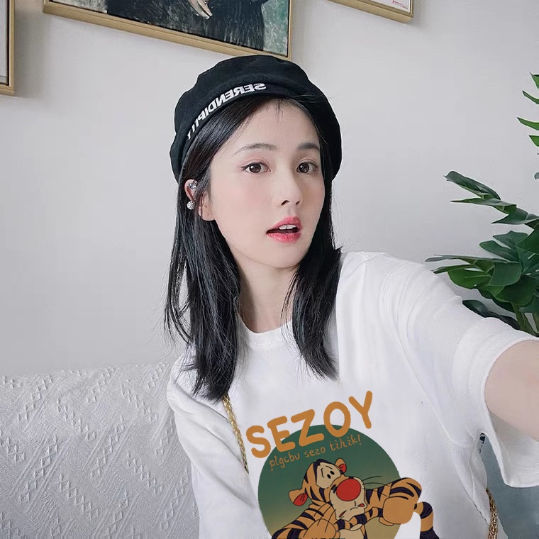 EUNII T-shirt Lengan Pendek Cetakan Kartun Harimau Longgar Korean Style/Kaos Atasan Wanita/Baju Kaus Oversize Wanita