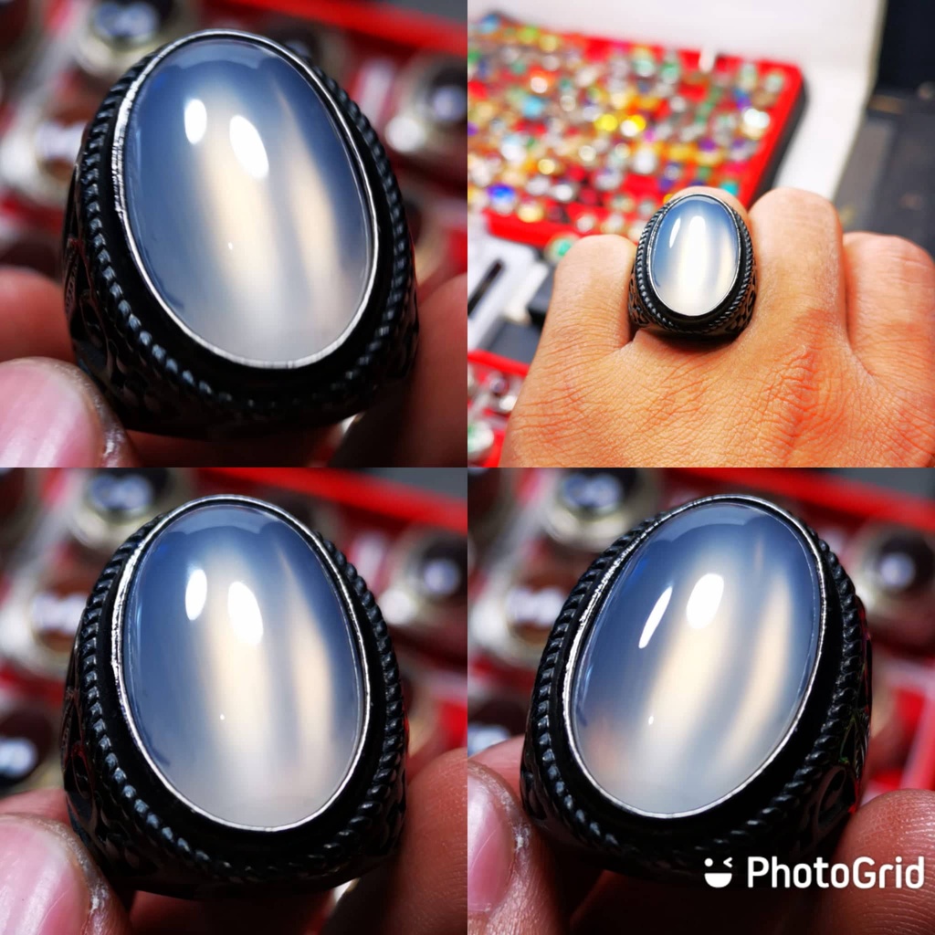 Cincin Batu Akik Asli Natural Anggur Putih Fenomena Cat's Eye Ring Titanium Anti Karat Anti Gatal