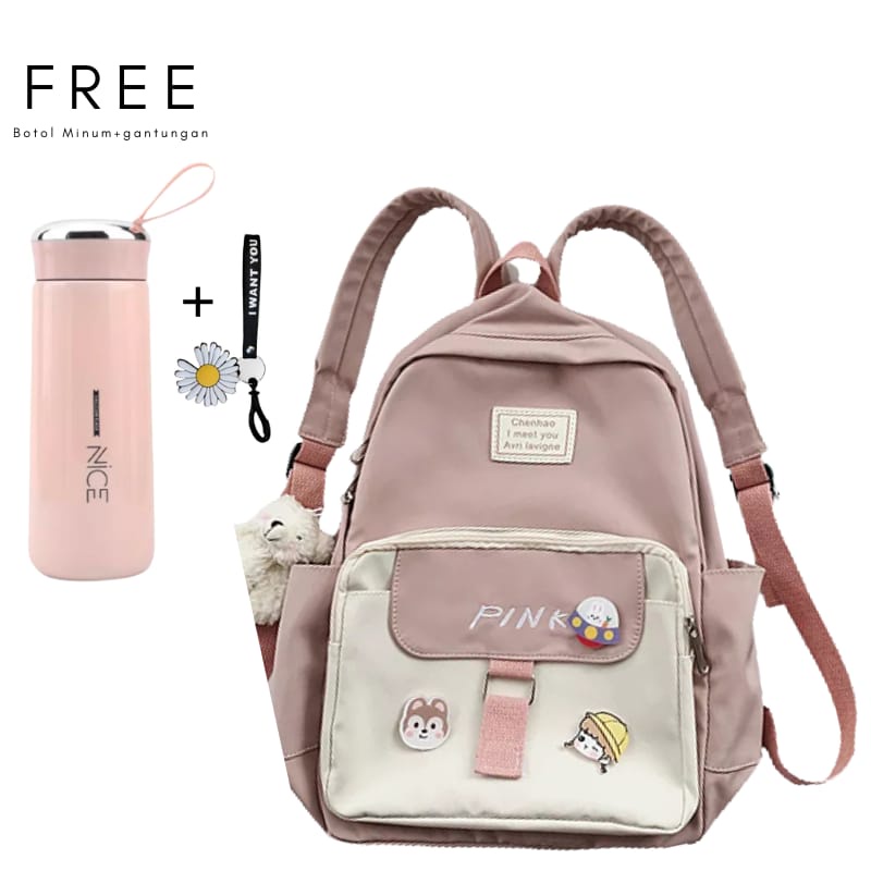 COD Tas Ransel Anak Fashion Ala Korea Motif Kartun Tas Sekolah 4 Warna Free Botol Minuml