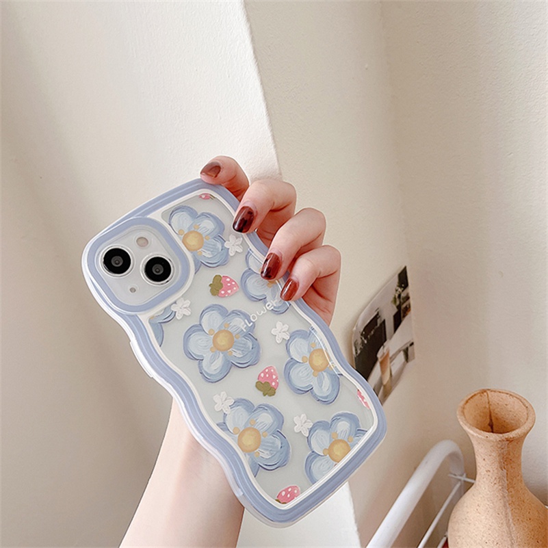 Soft Case Silikon TPU Motif Bunga Biru Untuk Compatible for iPhone 14 13 12 11 Pro Max X Xr Xs Max SE iPhone 8 7 6 6s Plus Blue Flower Fresh Clear Phone Case Soft Silicone TPU Shockproof Phone Protective Cover