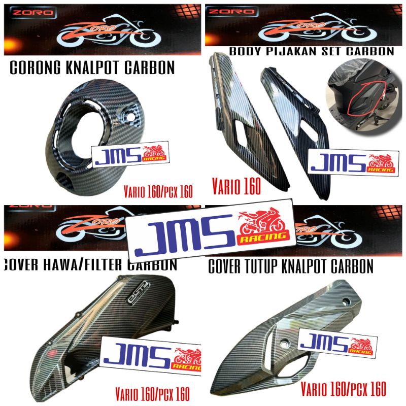 paket cover tutup carbon knalpot/filter hawa/cover pijakan set/corong knalpot vario 160 new zoro