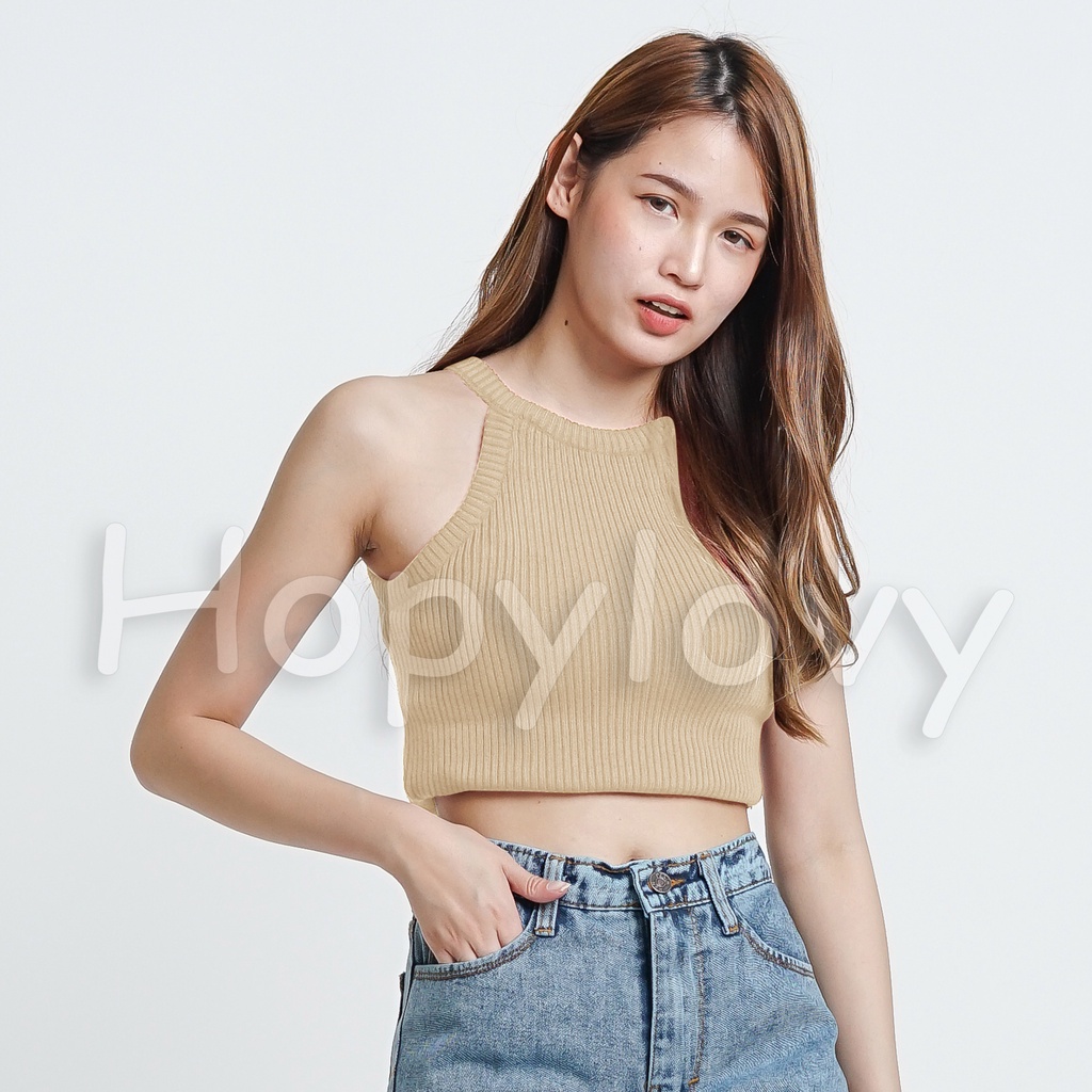 HOPYLOVY Tanktop Wanita Atasan Rajut Halter Kerah Rajut Knit Crop Top Abel