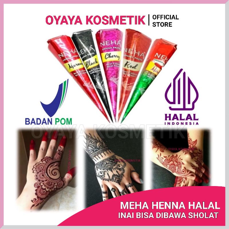 Neha Henna Paste Cone Inai Halal Dibawa Sholat BPOM Warna Maroon White Hitam Cherry Red Darck Brown hena Aman untuk Kulit &amp; Kuku BERKUALITAS OYAYA KOSMETIK OFFICIAL STORE ecer grosir Riau