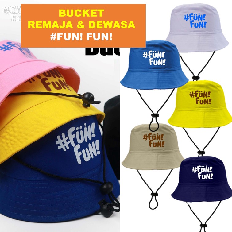 Bucket Hat Topi Karakter Sablon FUN FUN pakai Tali untuk usia 8 tahun ke atas Dewasa