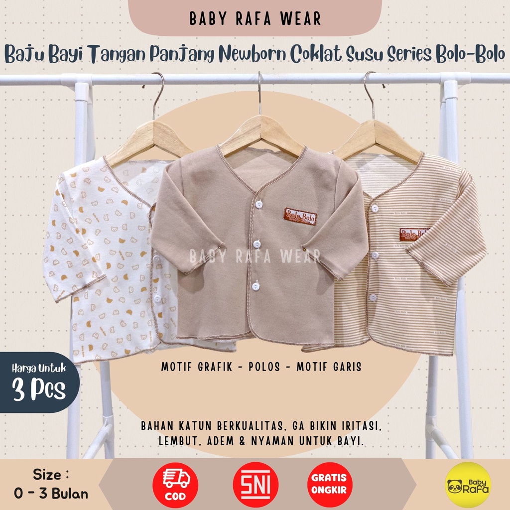 Serian Coklat Susu - 3 pcs Baju Bayi Tangan Panjang Baru Lahir 0 sd 3 Bulan Serian Coklat Susu merk SNI Bolo - Bolo