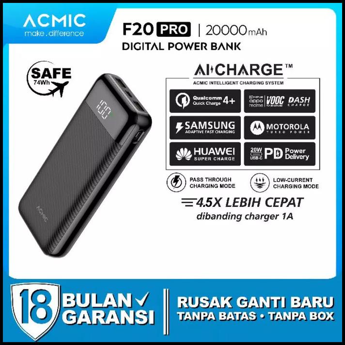 Acmic F20 Pro 20000Mah Aicharge Slim Digital Power Bank Qc4+Pd+Vooc