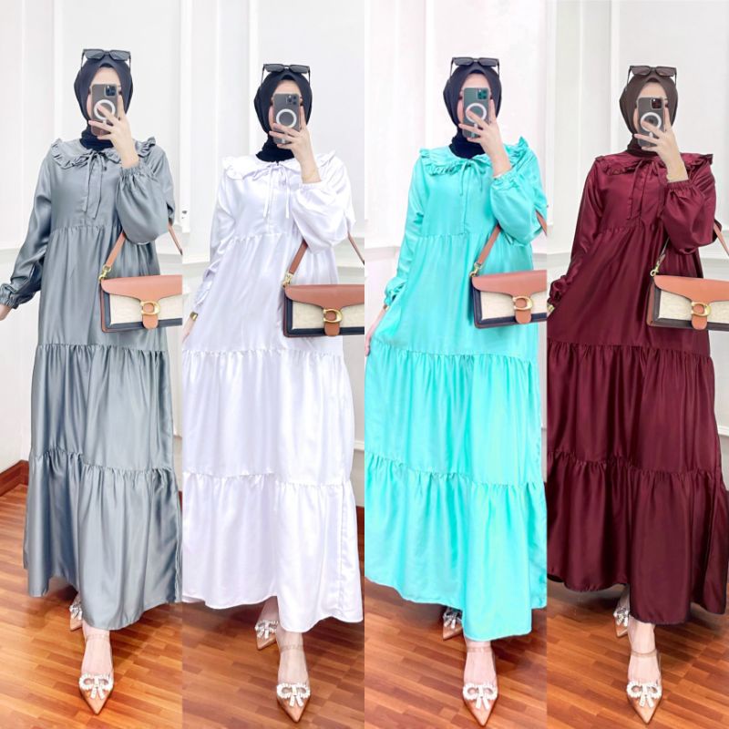 Dress maxi gamis pesta modern gaun kondangan polos silk busui M L XL