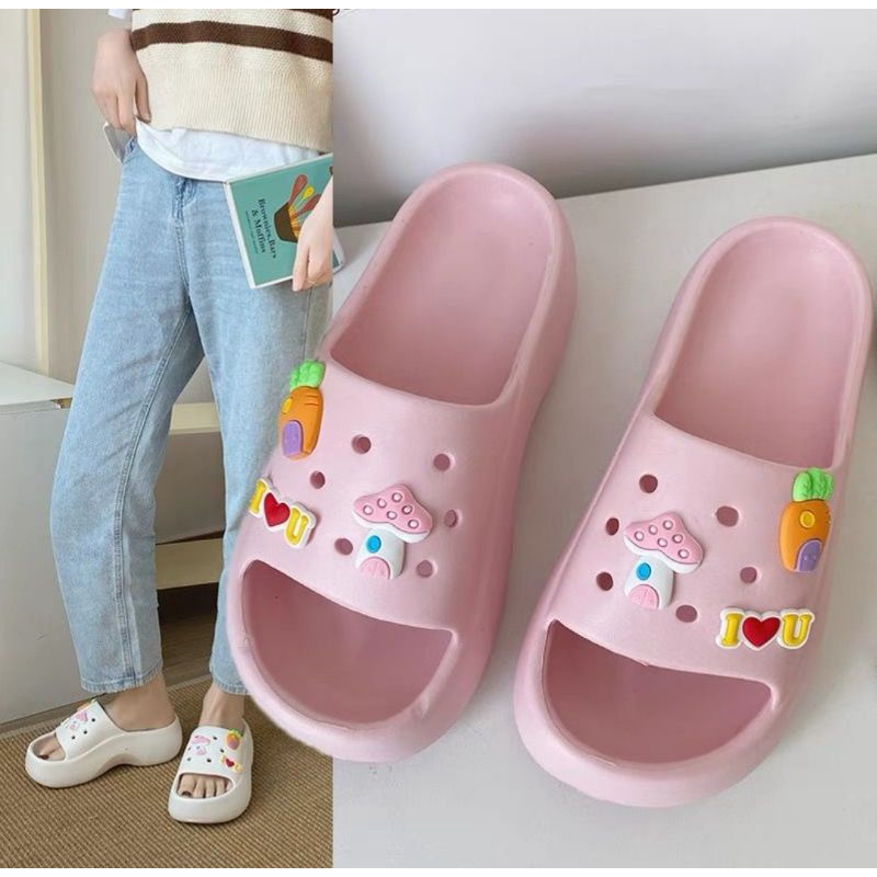 Sandal EVA Fuji Sandal Wanita Jelly Wedges Platfrom Tebal Dengan Jabbitz Import Terbaru