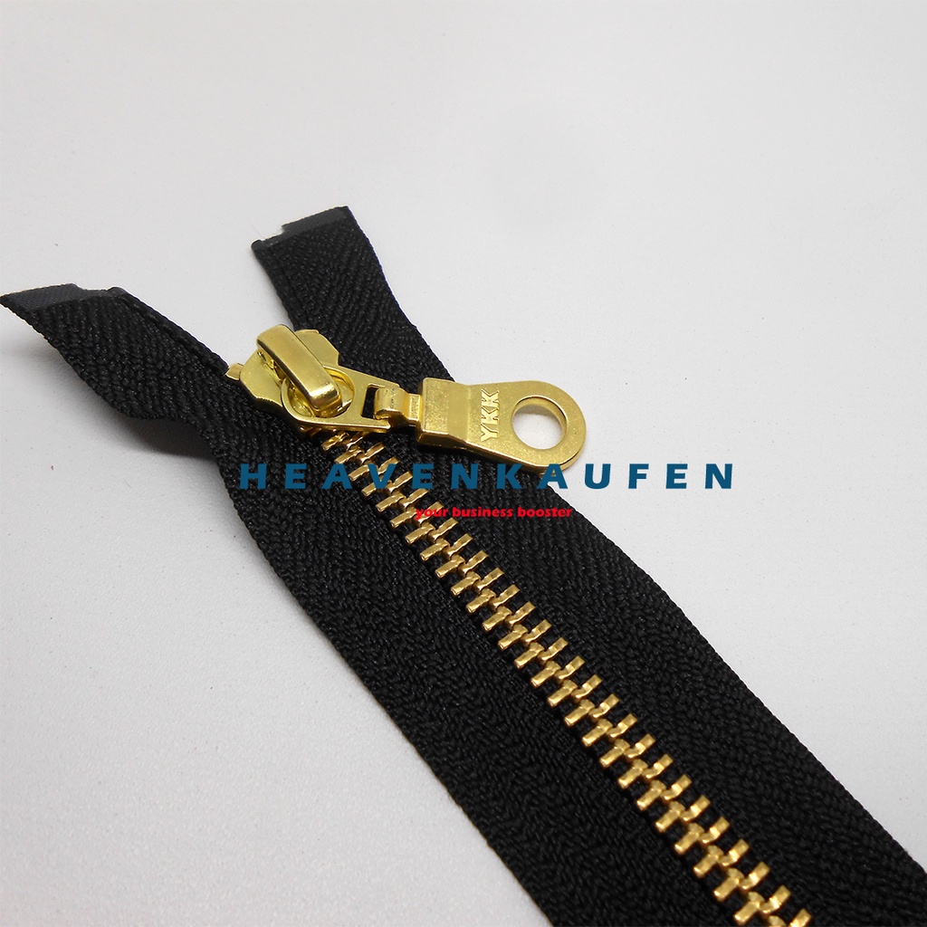 Resleting Zipper Jaket YKK 65 cm Atau 26 inch Type Gigi Besi Hitam - Gold Set Open End Slider Oval