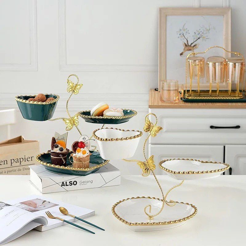 Butterfly Gold White Tier Susun Gold cake stand Keramik Putih Gold Green Hijau Piring Susun Gold Pir