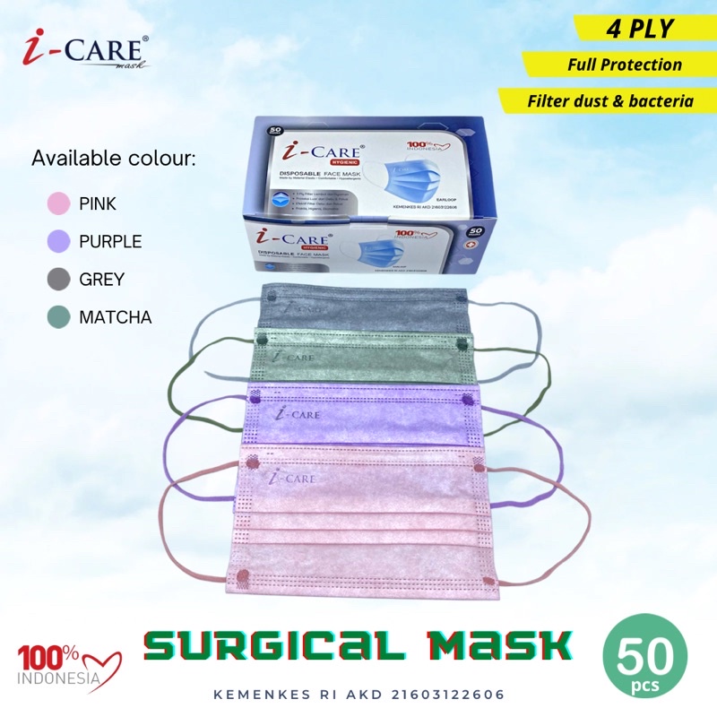 Masker Disposable Face Mask i-Care Warna 4Ply Embos