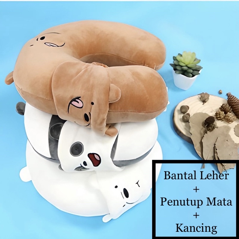 Bantal Leher Dewasa Karakter Free Penutup Mata dan Kancing Berlabel SNI Murah Lembut Empuk Mewah Bantal Leher Travelling Mobil Tidur 2 in 1 We Bare Bears Multifungsi U-Shaped Pillow