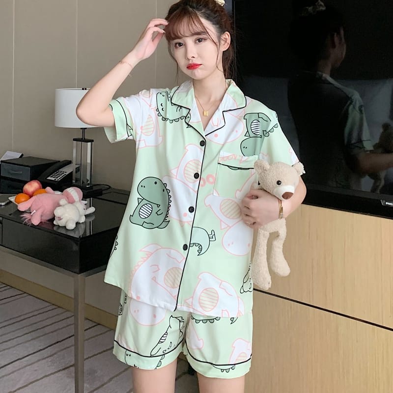 【 Bra Mall 】BM-319 Set Baju Tidur Wanita Dewasa Celana Pendek Piyama Model Kemeja HP Import Korea Motif Kekinian