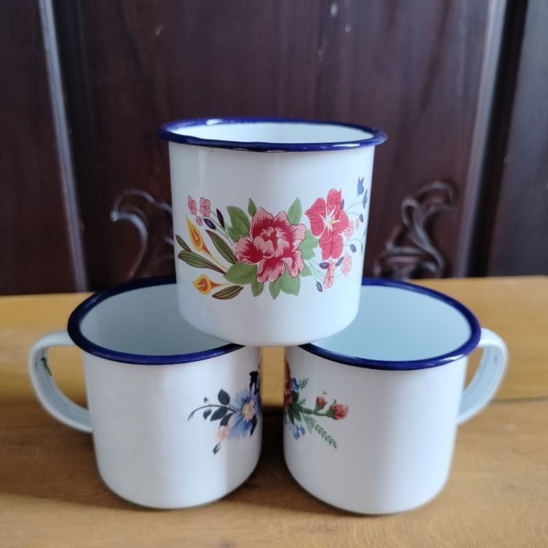 1 Lusin Mug / Gelas / Cangkir Kopi Enamel Seng Motif Bunga Mini Jadul Uk 7cm
