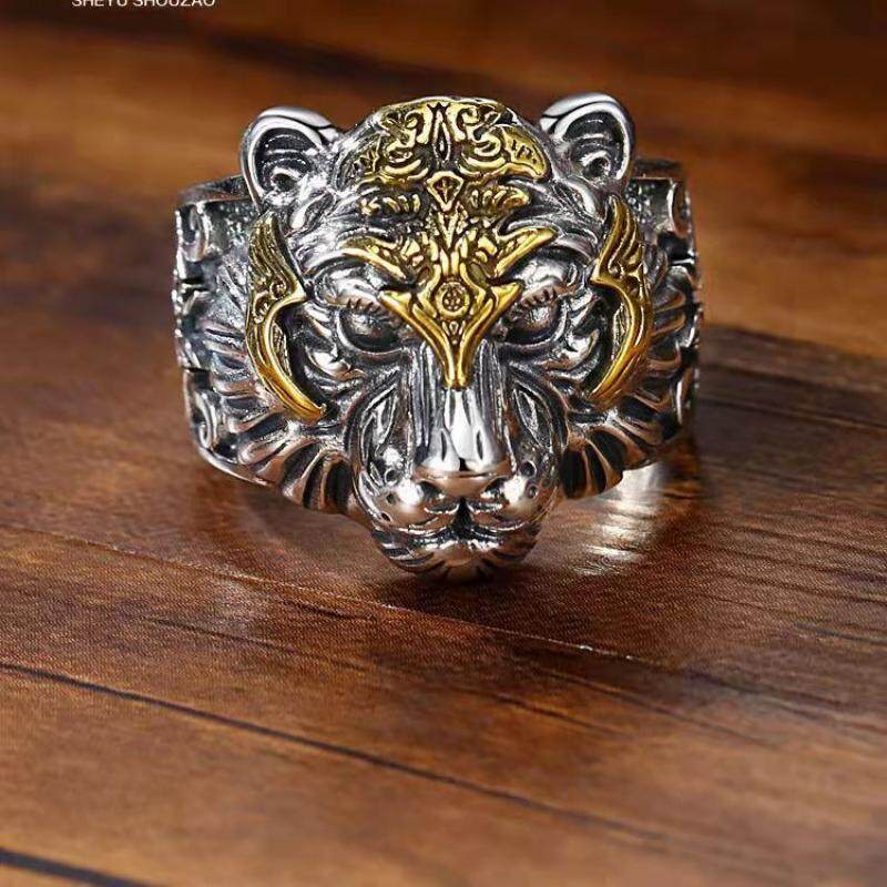 Cincin Model Kepala Harimau Terbuka Dapat Disesuaikan Gaya Punk Vintage Hip-Hop Untuk Pria