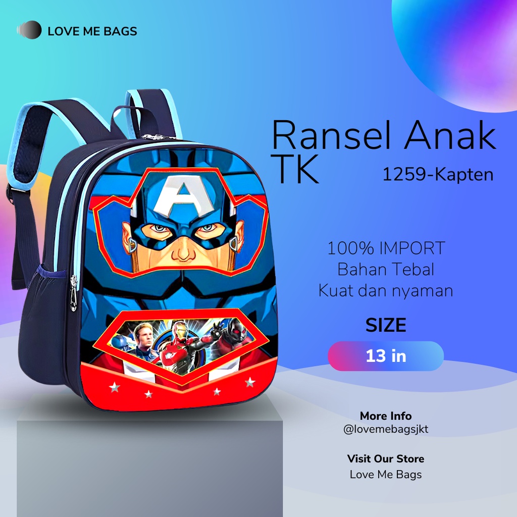 LMB Tas Anak Laki Laki TK Sekolah Import Premium Kualitas Gambar Karakter Superhero Timbul 6D Bahan Nilon Tebal Anti Air