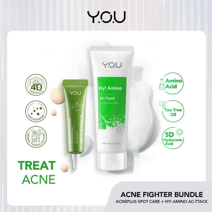 YOU Hy! Amino Facial Wash Oil Control, Sabun Cuci Muka YOU Hydrating, Brightening, Anti-Acne Acneplus Spot Neon Lasting Lip Tint R498 Triple UV Elixir SPF 50+