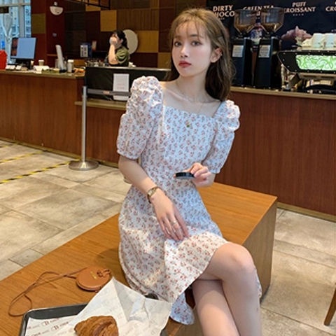 Korea Oversized Midi Dress Motif Floral Kerah Persegi Summer Fashion Terbaru
