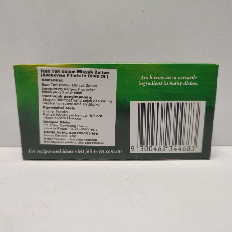 

RB John West Anchovies Fillets in Olive Oil 45gr - Anchovy Teri Zaitun