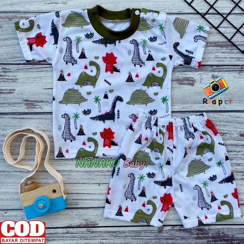 Ana Baby - Setelan baju Bayi Lengan Pendek Kaos Oblong Motif Dino Usia 3-12 Bulan