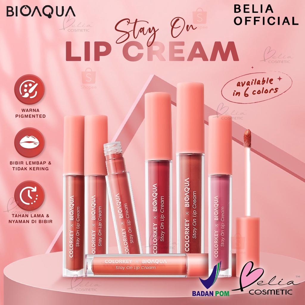 ❤ BELIA ❤ Colorkey X Bioaqua Stay On Lip Cream Matte 6 Colors | Lipstik Matte Lipstik Tahan Lama dan Anti Air Hingga 24 Jam | BPOM