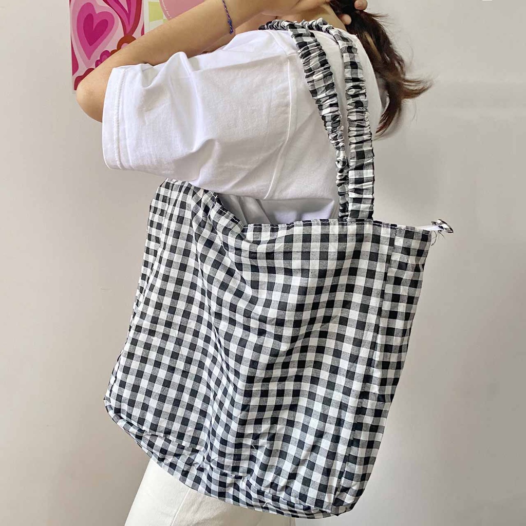 MOTTA Totebag Resleting Motif Kotak Kotak Tote Bag Simple Big Unisex NR