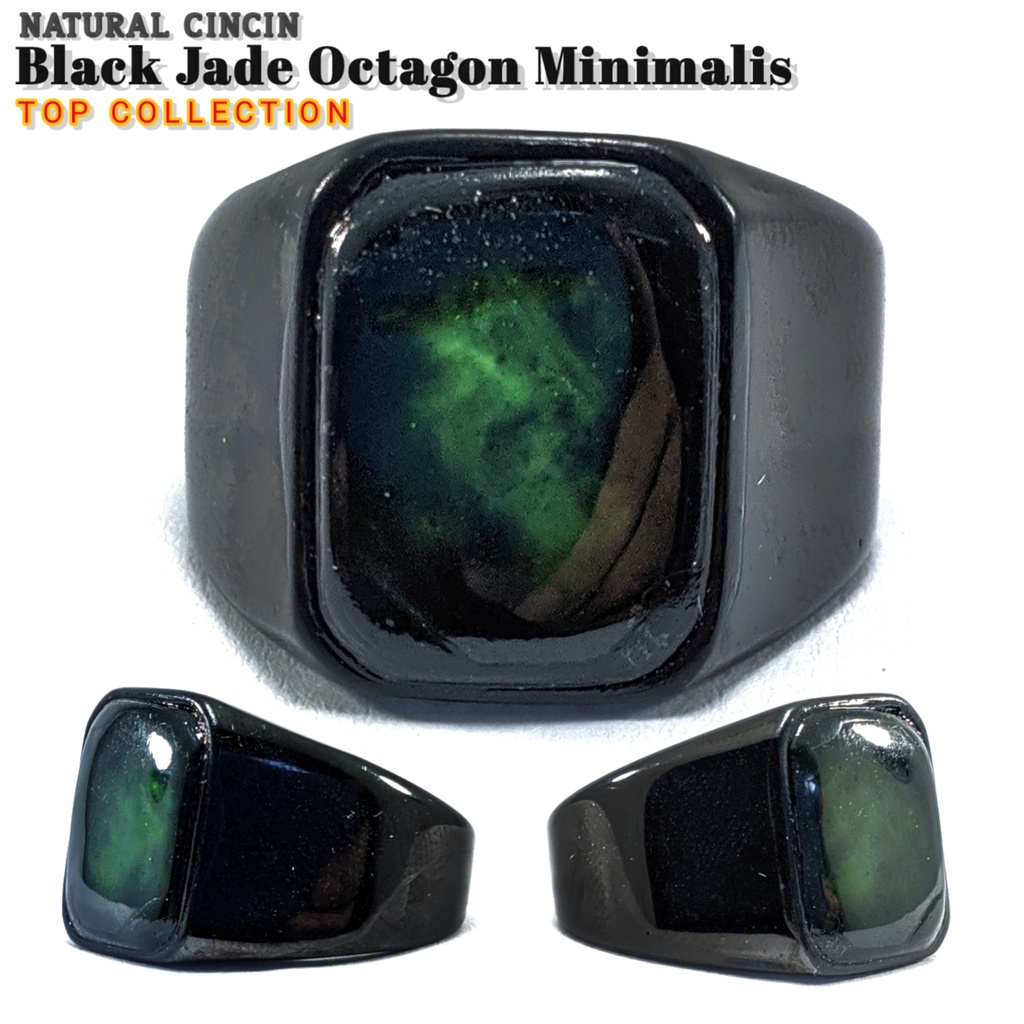 CINCIN BATU AKIK NATURAL BLACK JADE ACEH RING TITANIUM HITAM OCTAGON MAKIN BERGAYA
