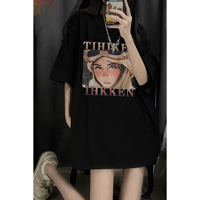 EUNII T-shirt Lengan Pendek Retro Kartun Angka Pencetakan Longgar Korean Style/Kaos Atasan Wanita/Baju Kaus Oversize Wanita