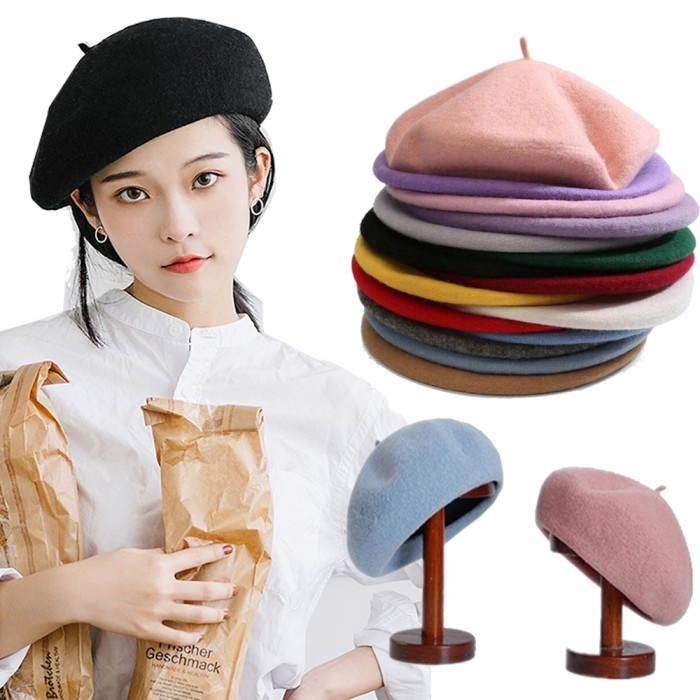 topi wanita Baret Beret Bahan Wol Polos Vintage Elegan untuk Wanita(17colors) L8E8 COD TERBARU topi 