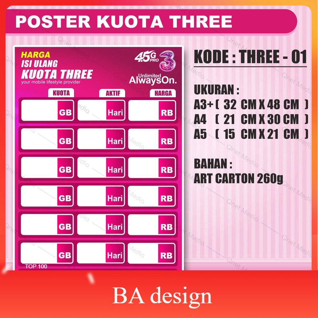 

POSTER KONTER DAFTAR HARGA KUOTA 3 THREE (CUSTOM) BA Design