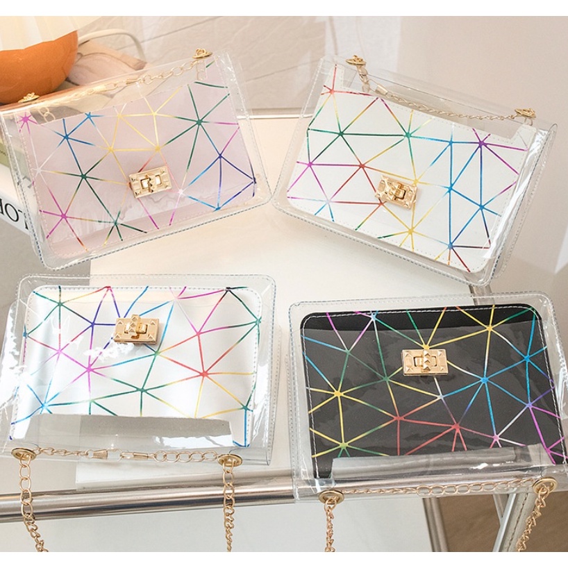 GrosirMart Tas Korea Selempang Jelly Warna Laser Segitiga Rantai DIagonal Tas Bahu Handbag Fashion Terbaru A10